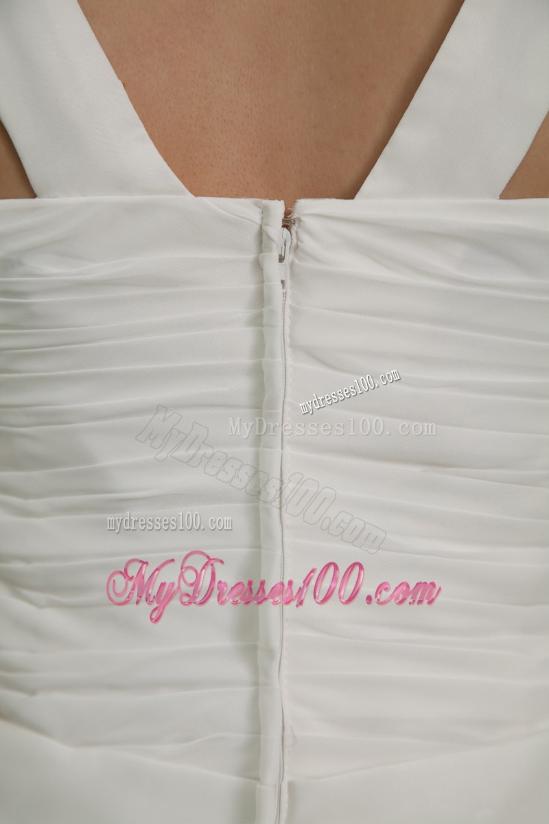 Elegant White Empire V-neck Party Dresses With Ruching Mini-length