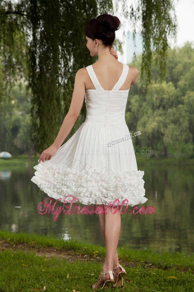 Elegant White Empire V-neck Party Dresses With Ruching Mini-length
