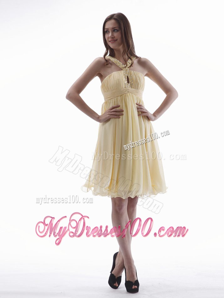 Elegant 2013 Yellow Party Dress With Beaded V-neck Knee-length