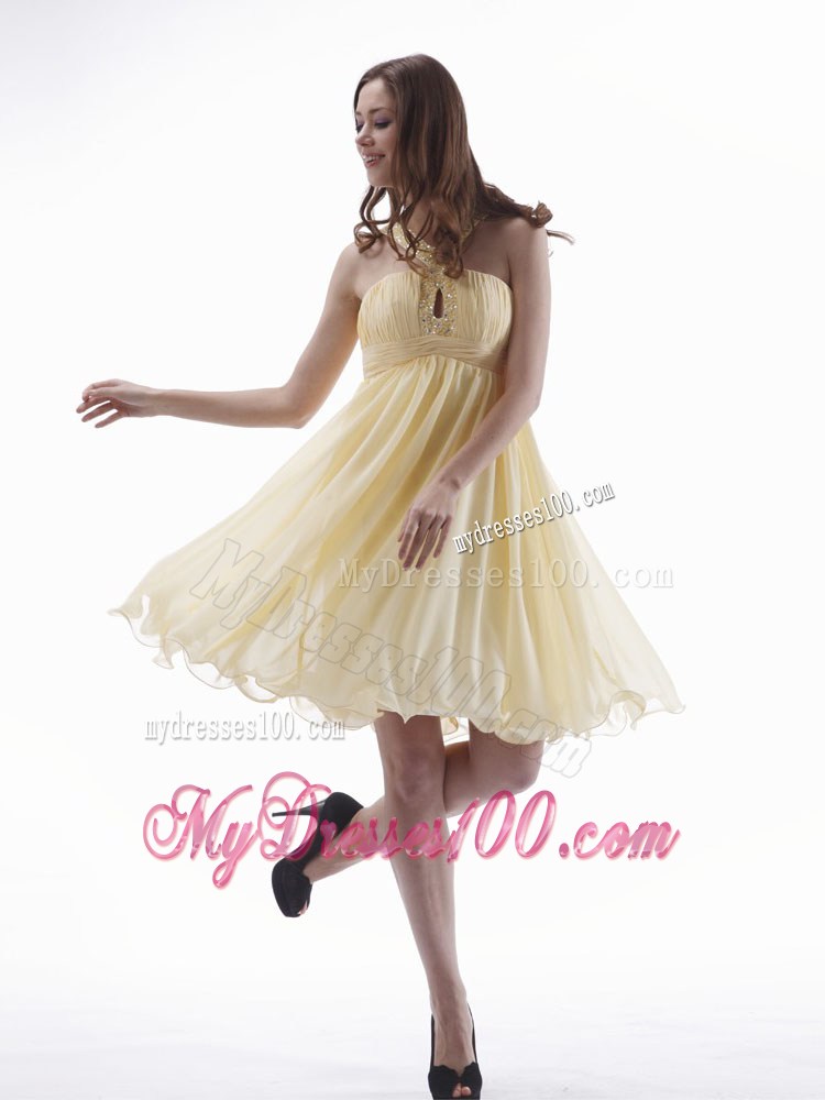 Elegant 2013 Yellow Party Dress With Beaded V-neck Knee-length