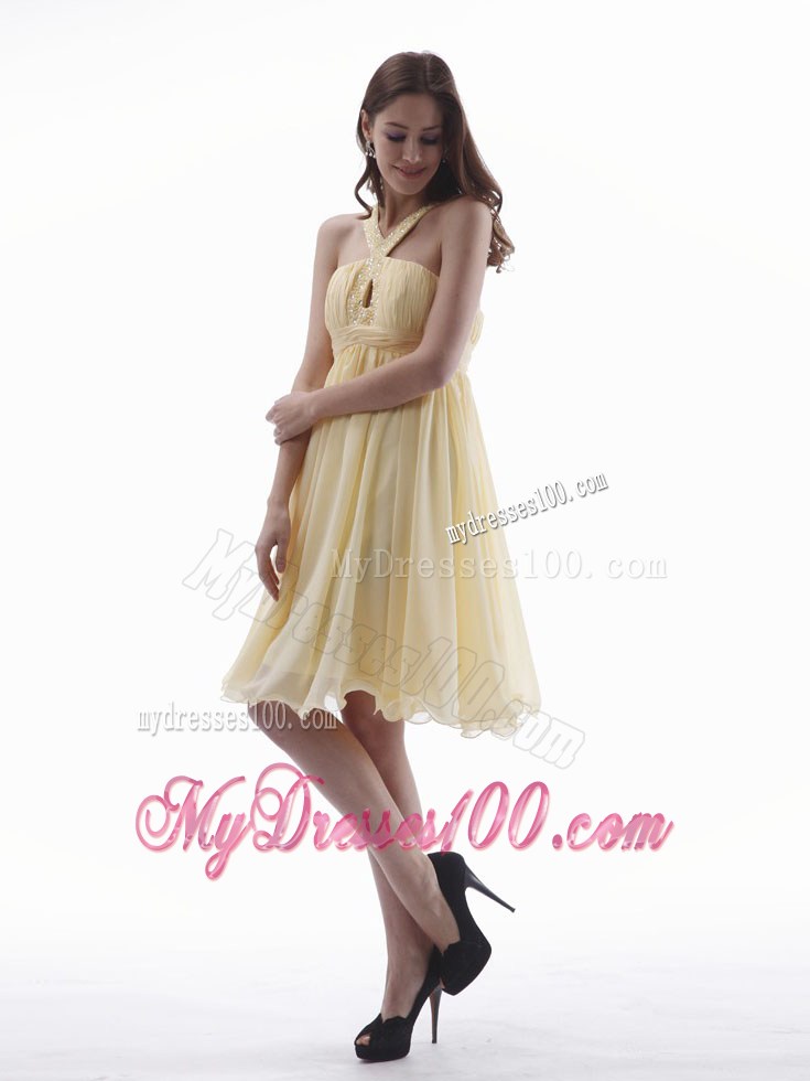 Elegant 2013 Yellow Party Dress With Beaded V-neck Knee-length
