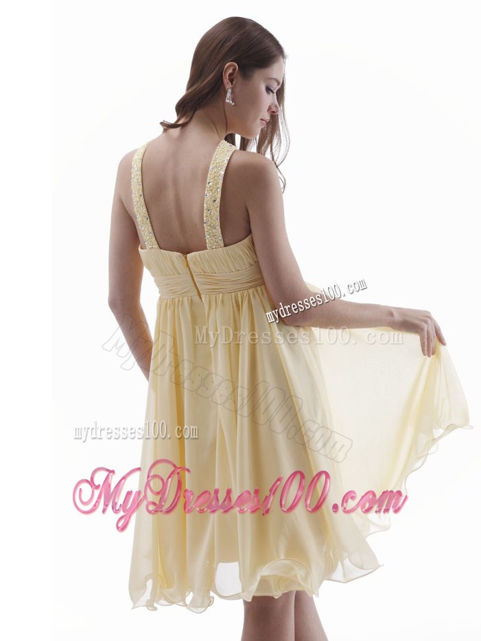 Elegant 2013 Yellow Party Dress With Beaded V-neck Knee-length