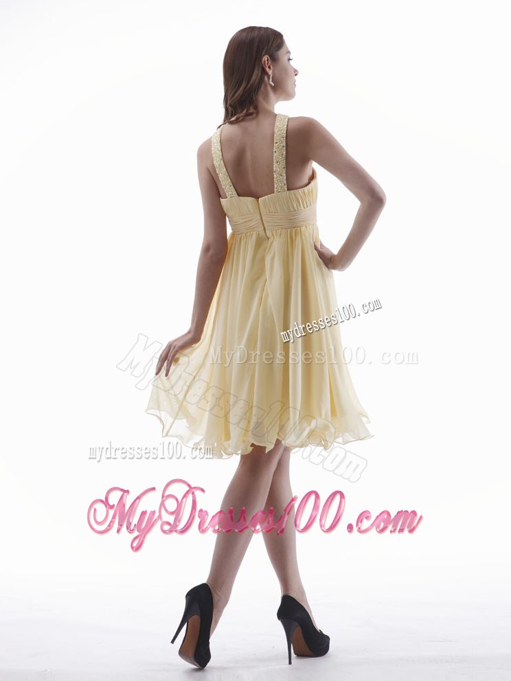 Elegant 2013 Yellow Party Dress With Beaded V-neck Knee-length