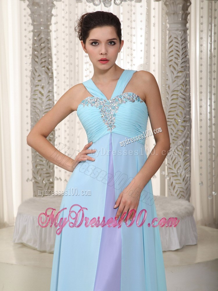 Aqua Blue and Lavender Empire Straps Beading Long Party Dresses