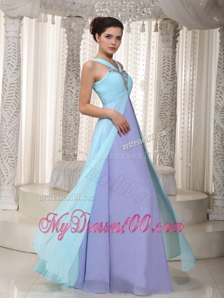 Aqua Blue and Lavender Empire Straps Beading Long Party Dresses