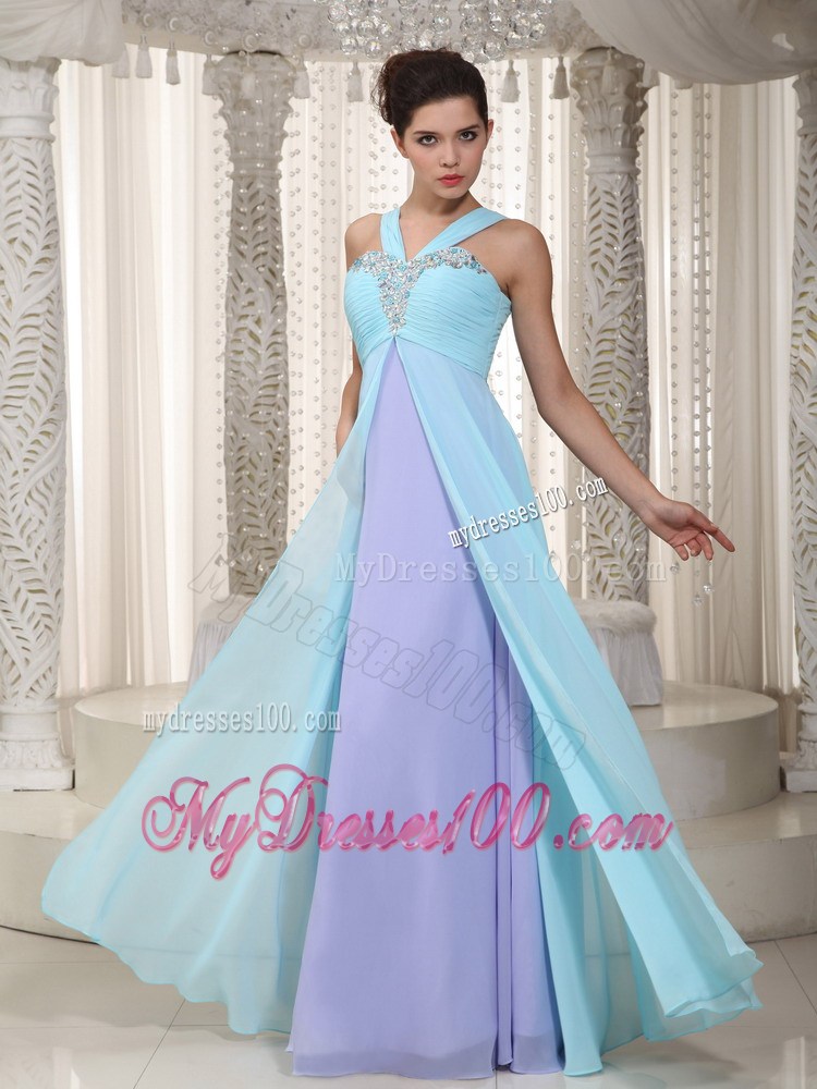 Aqua Blue and Lavender Empire Straps Beading Long Party Dresses
