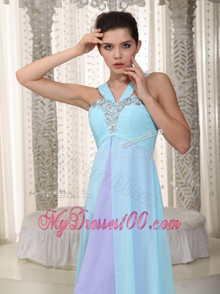 Aqua Blue and Lavender Empire Straps Beading Long Party Dresses