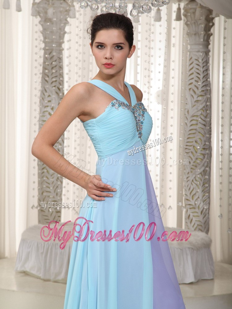Aqua Blue and Lavender Empire Straps Beading Long Party Dresses