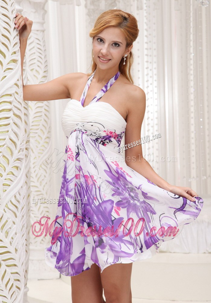 Cheap Halter Printing 2013 Party Dresses Ruched Mini-length Colorful