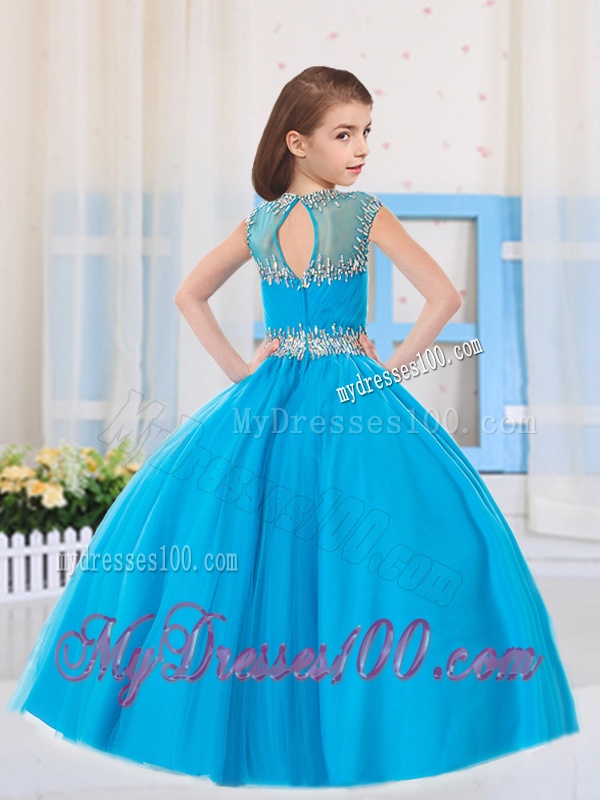 2016 Ball Gowns Scoop Baby Blue Beading Short Sleeves Party Girl Dress