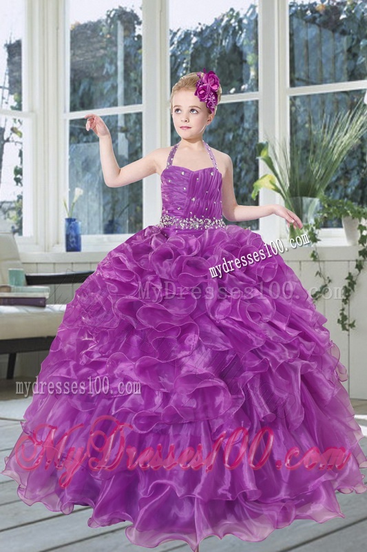 2016 Romantic Beading and Ruffles Organza Party Girl Dress with Halter