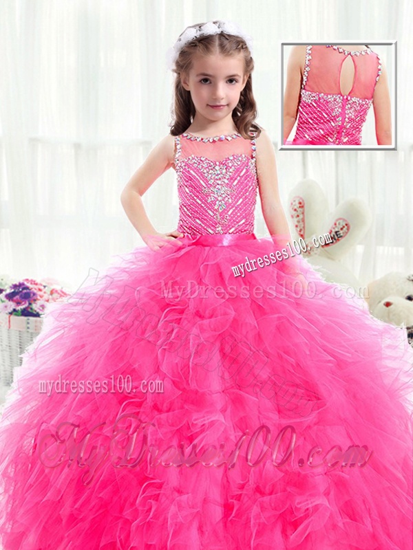 Beautiful Bateau Hot Pink Party Girl Dress with Beading