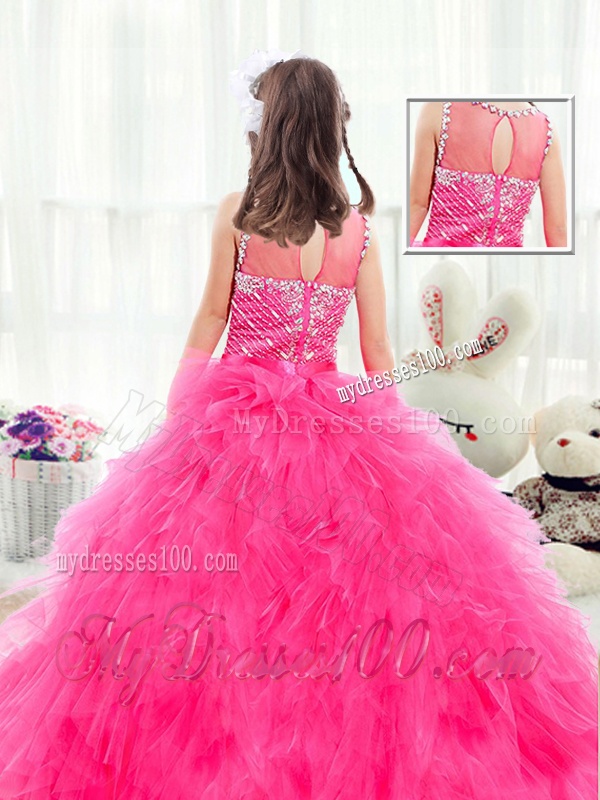 Beautiful Bateau Hot Pink Party Girl Dress with Beading
