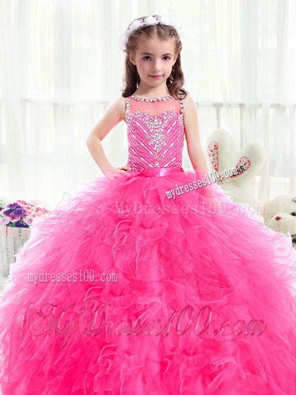 Beautiful Bateau Hot Pink Party Girl Dress with Beading