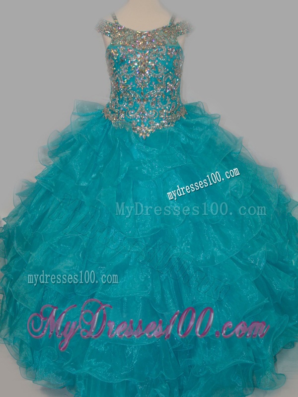 Cheap Really Puffy V-neck Teal Party Girl Dress with Rhinestones and Straps
