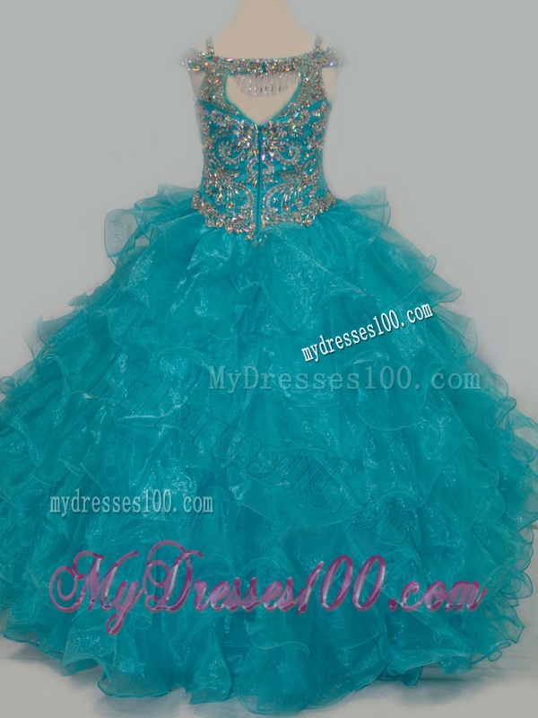 Cheap Really Puffy V-neck Teal Party Girl Dress with Rhinestones and Straps