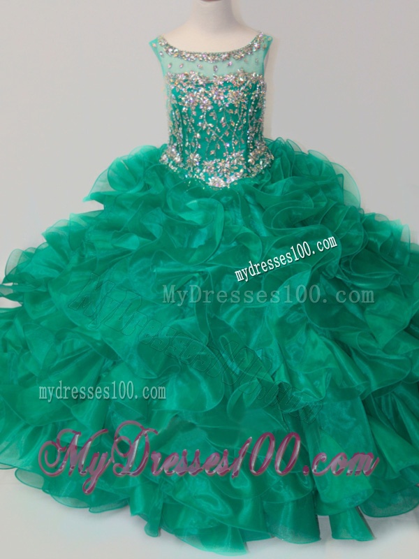 Exquisite Beaded and Ruffled Organza Party Girl Dress in Green