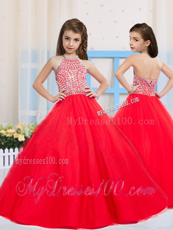 Fashionable Red Ball Gown Halter Beading Party Girl Dress in Tulle