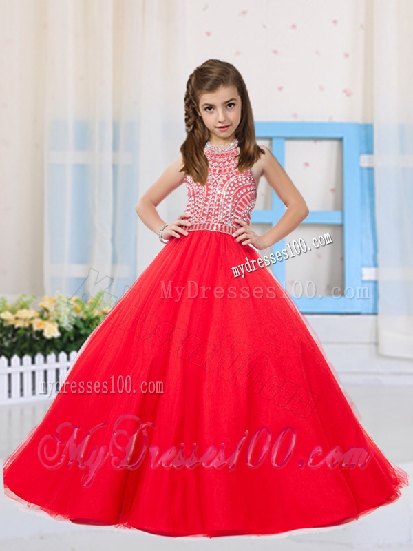 Fashionable Red Ball Gown Halter Beading Party Girl Dress in Tulle