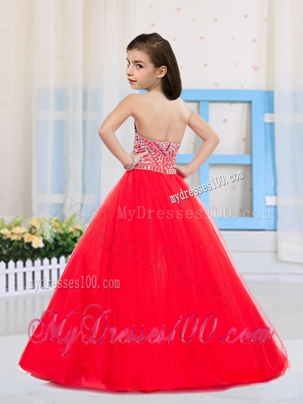 Fashionable Red Ball Gown Halter Beading Party Girl Dress in Tulle