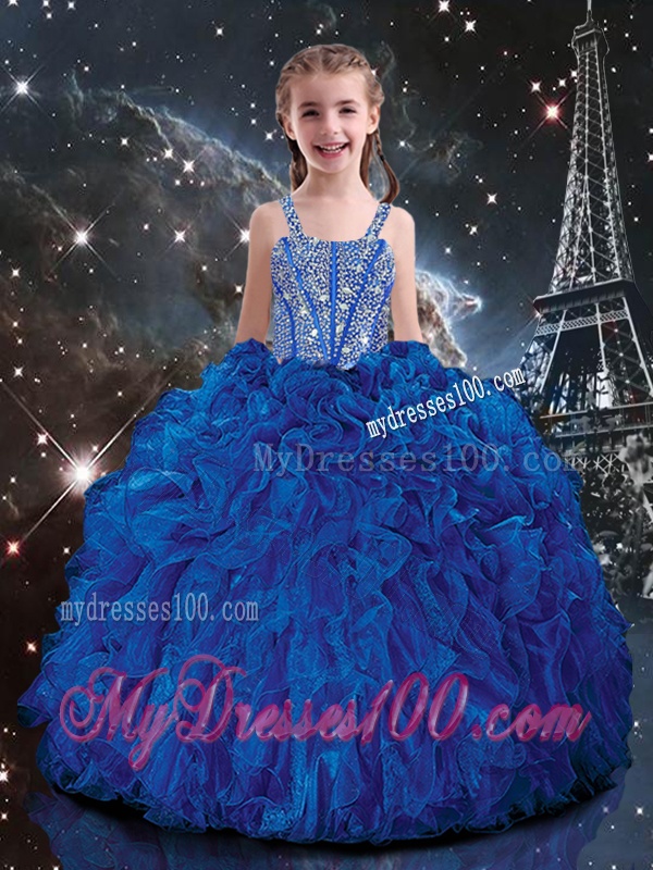 Hot Sale Ball Gown Straps Beading Party Girl Dress in Blue