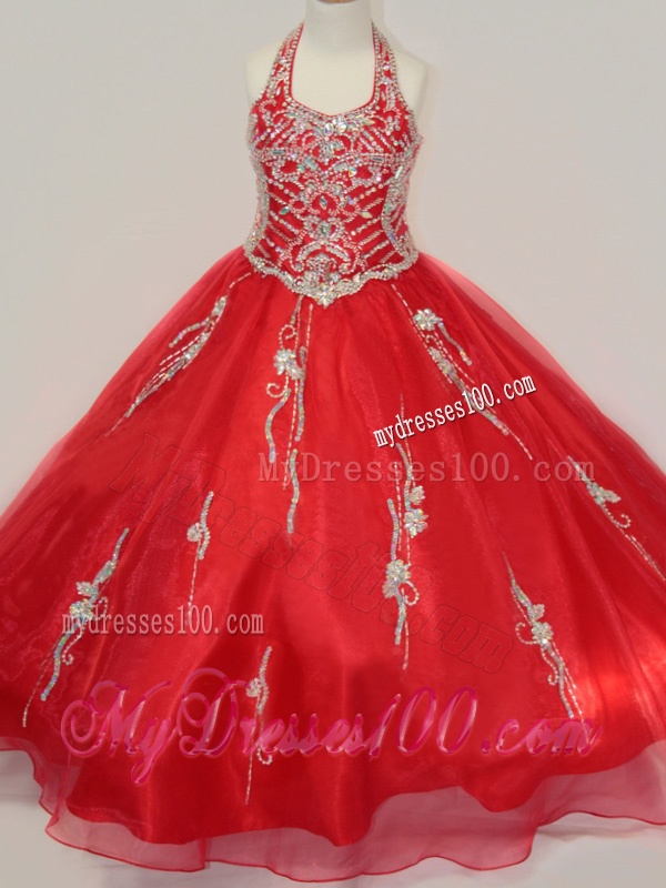 Lovely Organza Halter Top Beaded Party Girl Dress in Red
