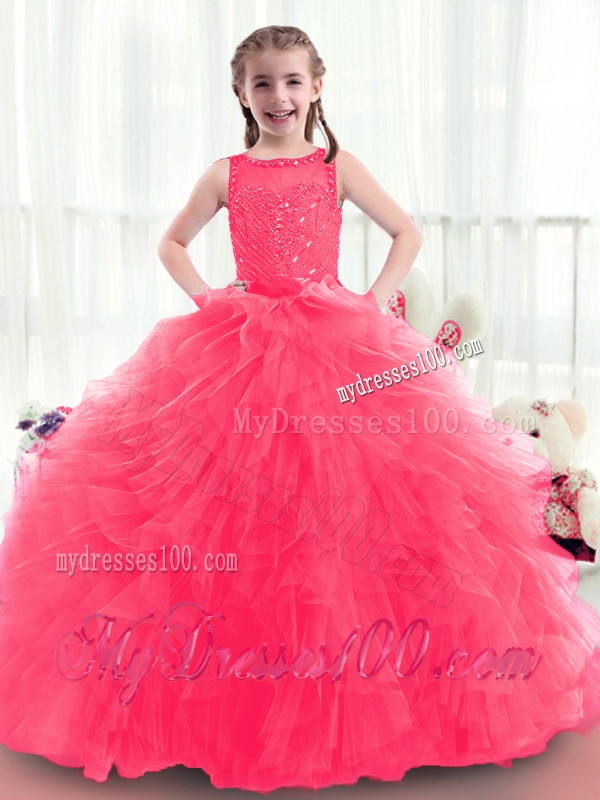 Modern Bateau Beading Party Girl Dress in Coral Red