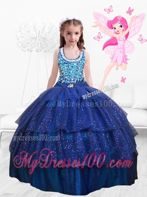 Popular Beaded Floor Length Multi Color Party Girl Dress in Royal Blue