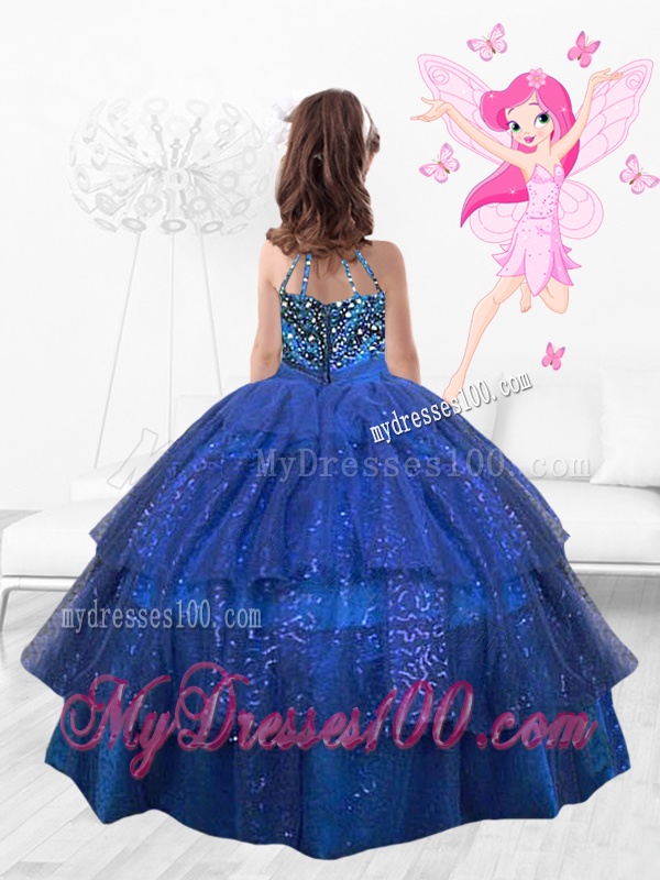 Popular Beaded Floor Length Multi Color Party Girl Dress in Royal Blue