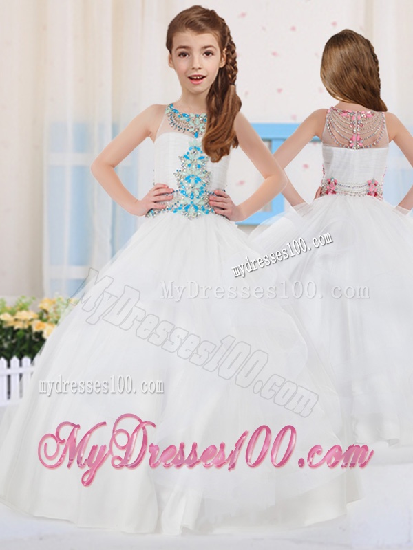 Pretty Ball Gowns Scoop Organza Beaded Side Zipper Party Girl Dress in White