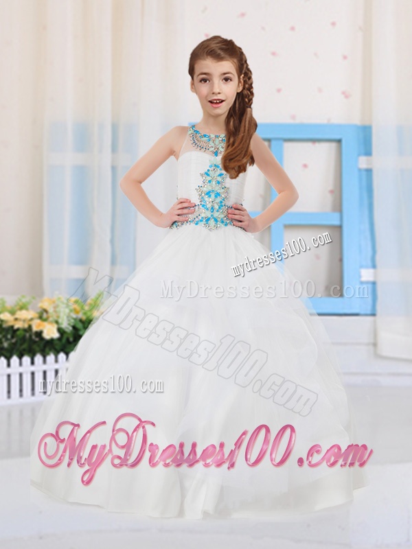 Pretty Ball Gowns Scoop Organza Beaded Side Zipper Party Girl Dress in White