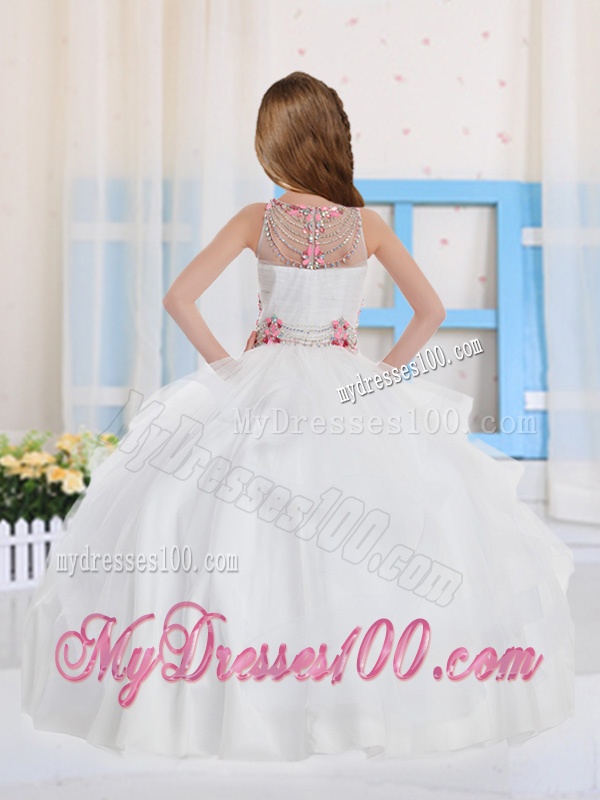 Pretty Ball Gowns Scoop Organza Beaded Side Zipper Party Girl Dress in White