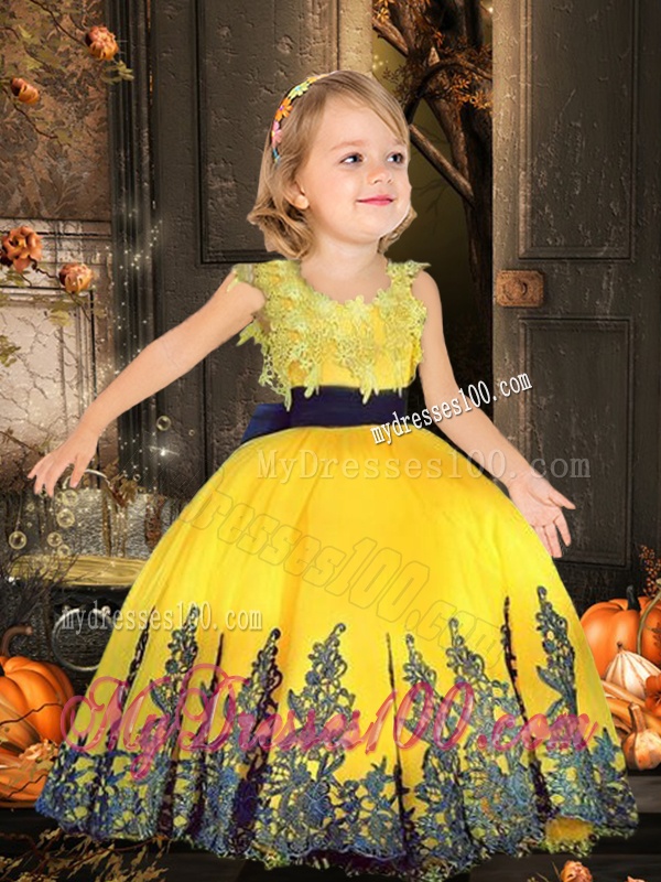 Simple Scoop Tulle Yellow Party Girl Dress with Appliques and Belt