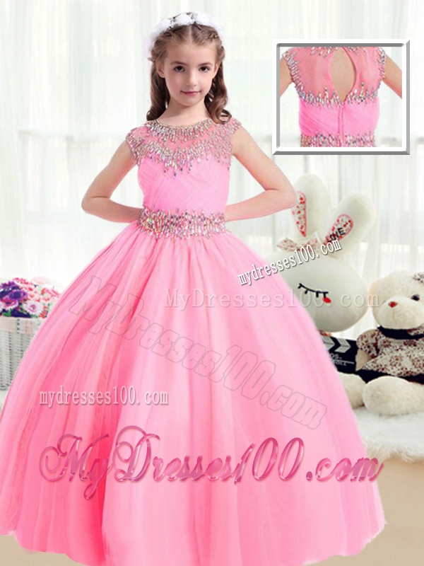 Sweet Ball Gown Cap Sleeves Party Girl Dress with Beading