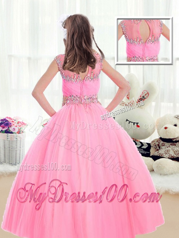 Sweet Ball Gown Cap Sleeves Party Girl Dress with Beading