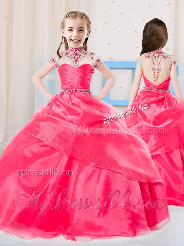 Sweet Ball Gown High Neck Organza Coral Red Party Girl Dress with Beading
