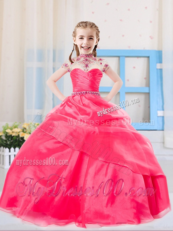 Sweet Ball Gown High Neck Organza Coral Red Party Girl Dress with Beading