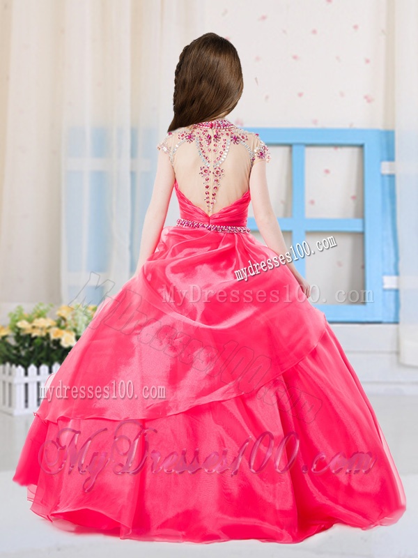 Sweet Ball Gown High Neck Organza Coral Red Party Girl Dress with Beading