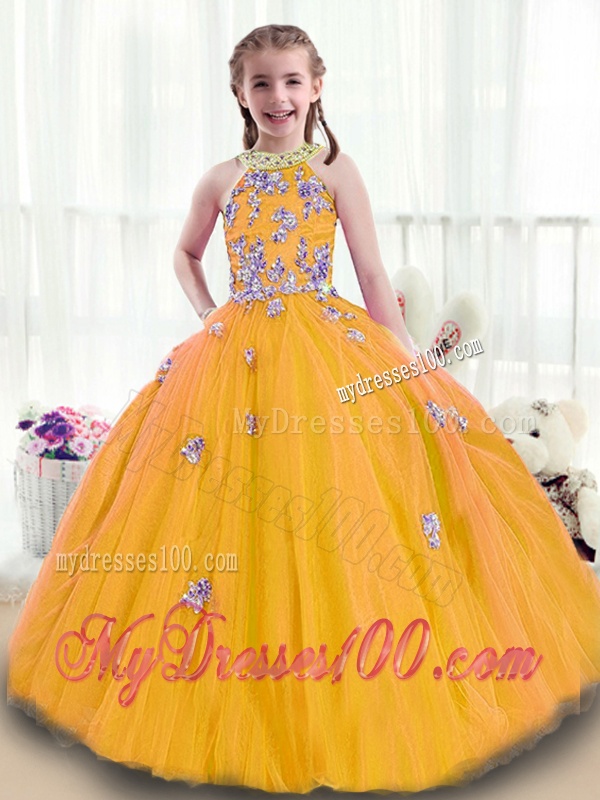 Wonderful High Neck Party Girl Dress with Beading and Appliques