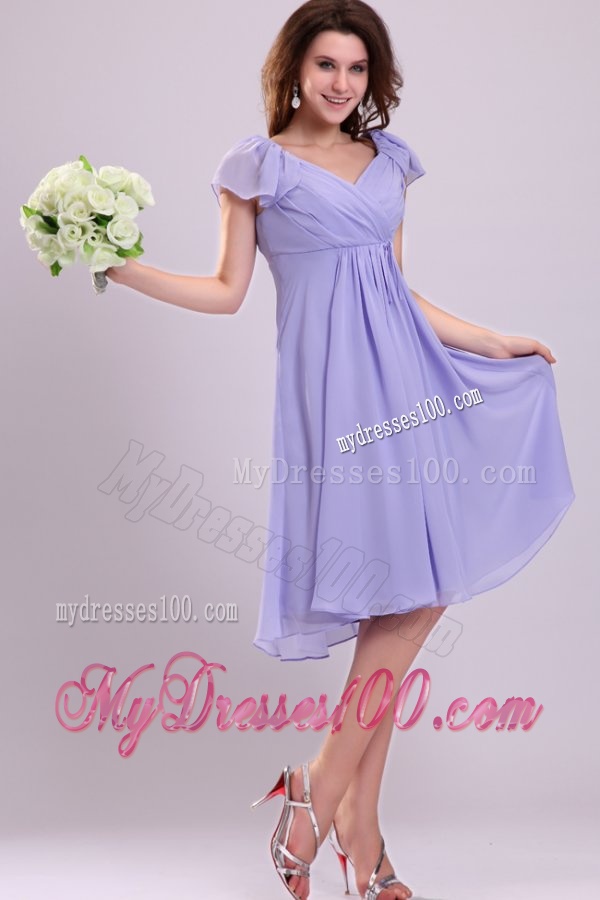 2016 Empire Cap Sleeves Lavender Ruching Evening Dress