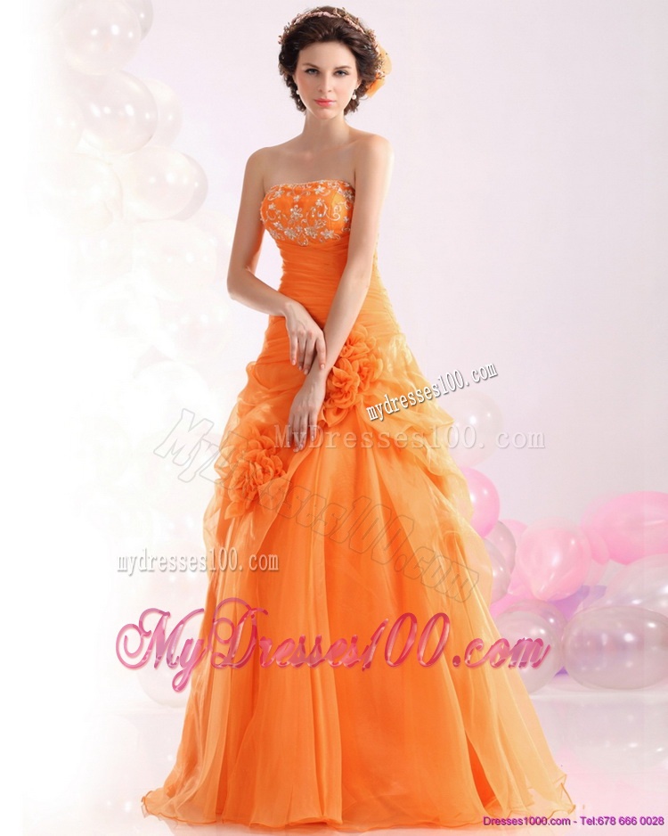 2016 Luxurious Strapless Orange Red Evening Dress with Hand Made Flowers and Beading