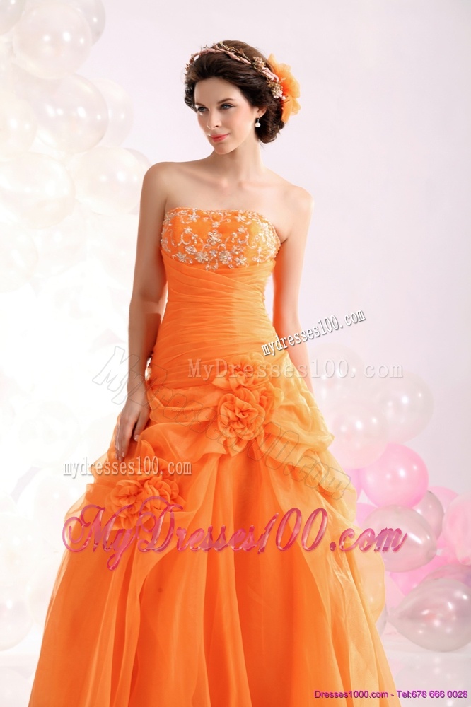 2016 Luxurious Strapless Orange Red Evening Dress with Hand Made Flowers and Beading