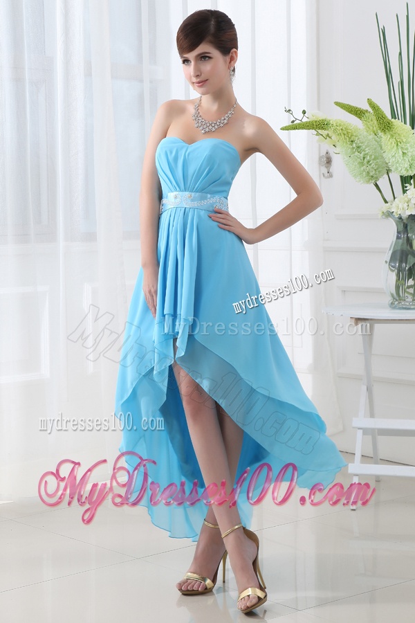 A-line Baby Blue Chiffon High-low Sweatheart Evening Dress with Belt