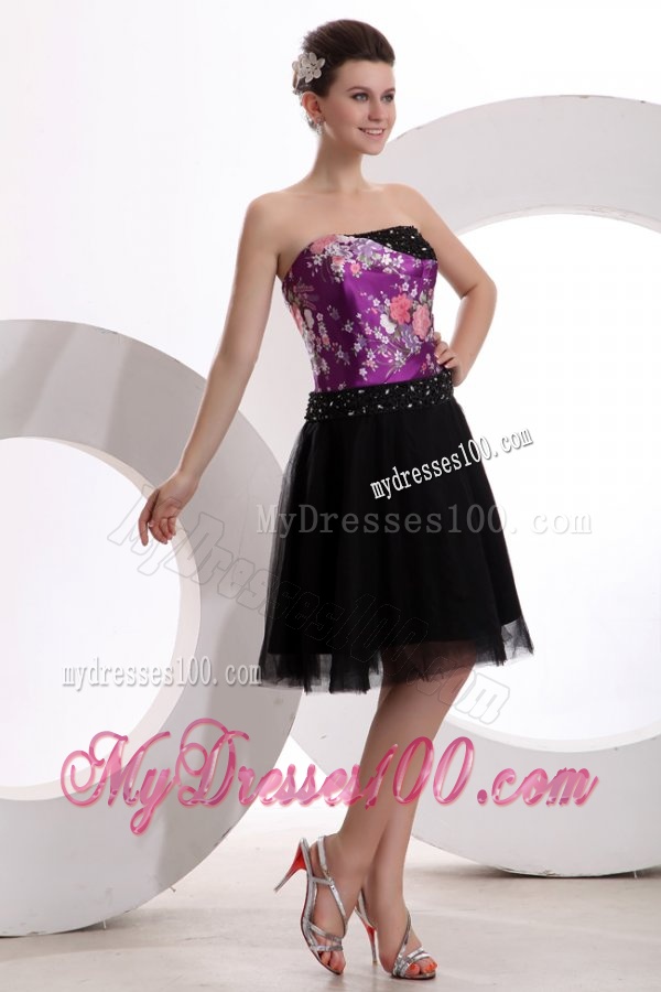A-line Black and Purple Appliques Beading Tulle Strapless Evening Dress