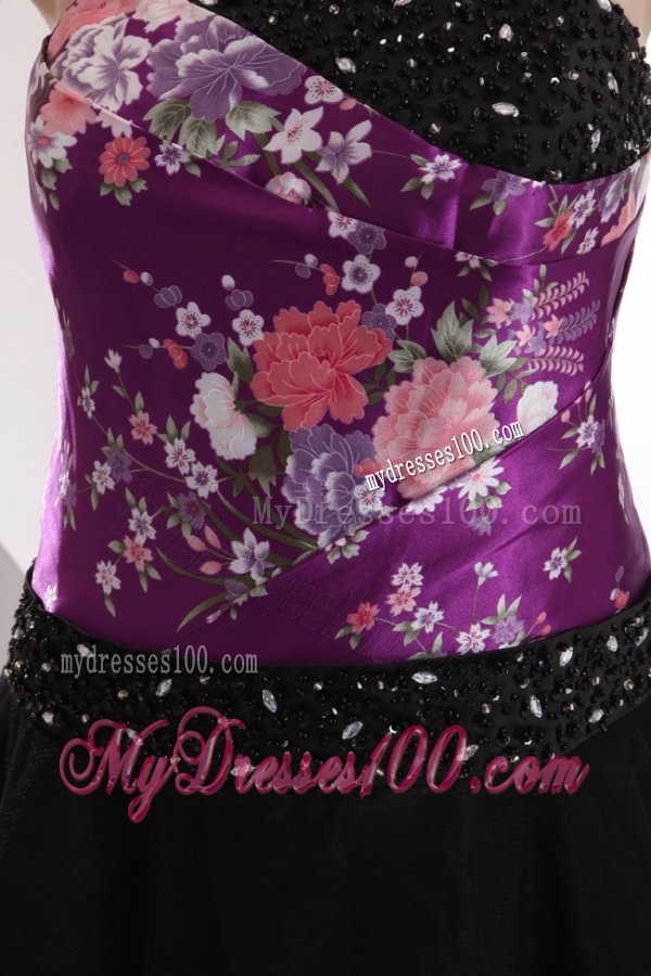 A-line Black and Purple Appliques Beading Tulle Strapless Evening Dress