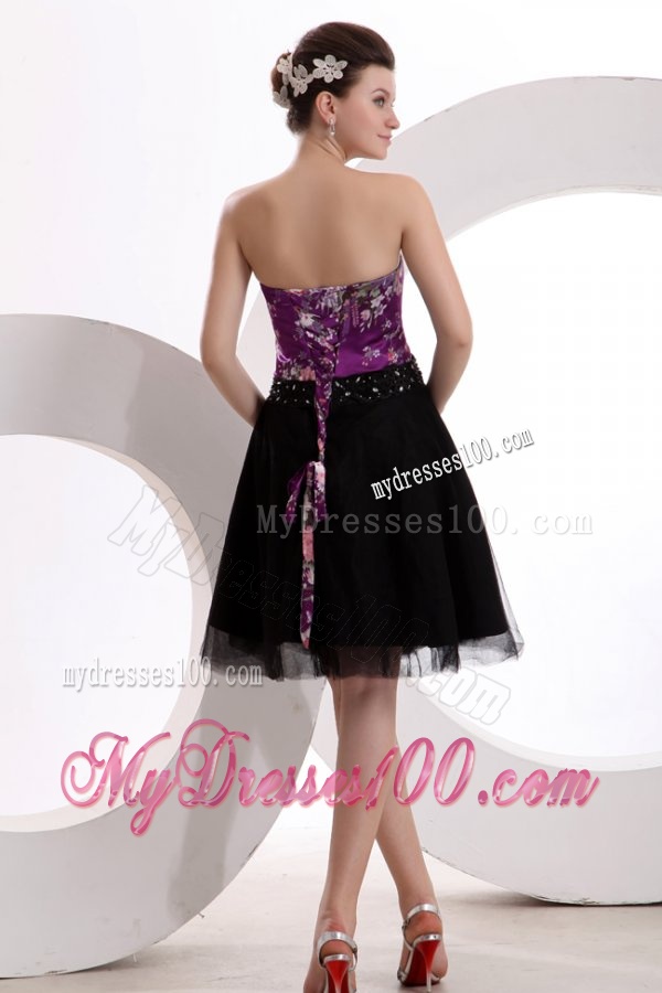 A-line Black and Purple Appliques Beading Tulle Strapless Evening Dress
