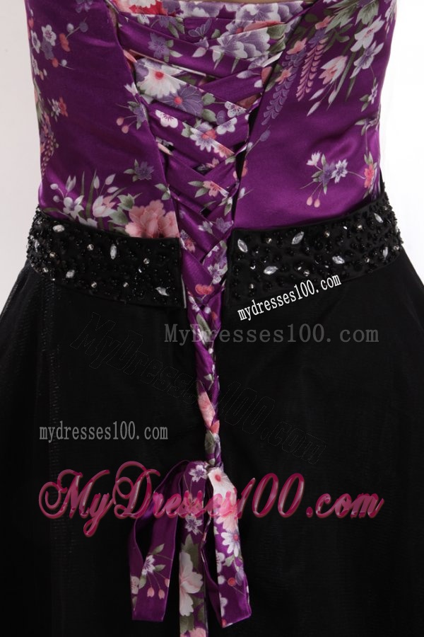 A-line Black and Purple Appliques Beading Tulle Strapless Evening Dress