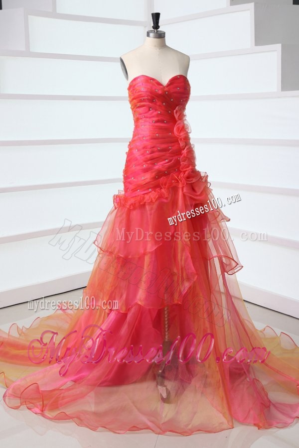 A-line Coral Red Sweetheart Ruching and Beading Court Train Evening Dress