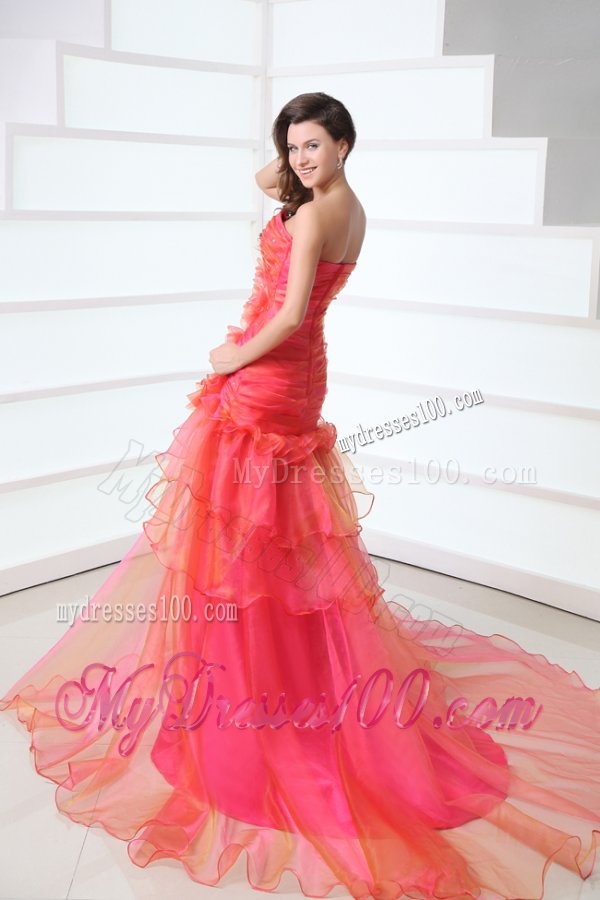 A-line Coral Red Sweetheart Ruching and Beading Court Train Evening Dress