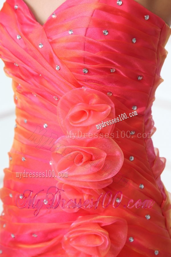 A-line Coral Red Sweetheart Ruching and Beading Court Train Evening Dress